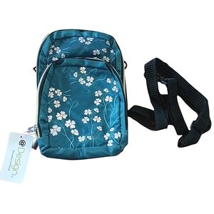 Multi Pocket (3) Teal Blue Floral Mini Crossbody Cellphone Bag Pouch